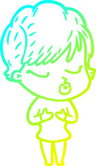 cold gradient line drawing cartoon woman with eyes shut