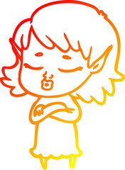 warm gradient line drawing pretty cartoon elf girl with corssed arms