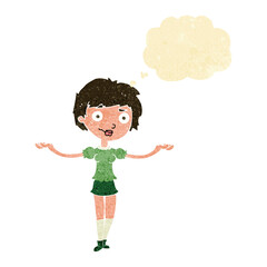 cartoon woman spreading arms with thought bubble