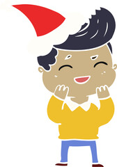 flat color illustration of a man laughing wearing santa hat