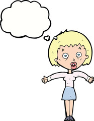 cartoon woman shrugging shoulders with thought bubble