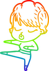 rainbow gradient line drawing cartoon woman with eyes shut