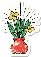 grunge sticker of tattoo style flowers in vase