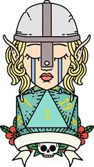 crying elf fighter character face with natural one D20 roll illustration