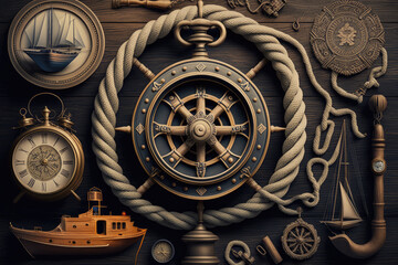 Nautical background with ropes, weathered deck, anchor. Travel and adventure concept. Created with Generative AI technology.