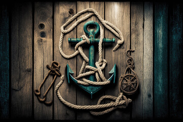 Nautical background with ropes, weathered deck, anchor. Travel and adventure concept. Created with Generative AI technology.