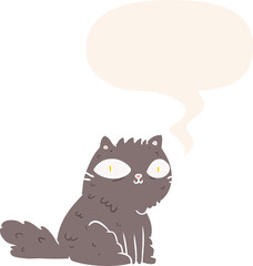 cartoon cat looking right at you and speech bubble in retro style