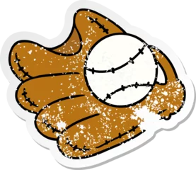 Poster distressed sticker cartoon doodle of a baseball and glove © lineartestpilot