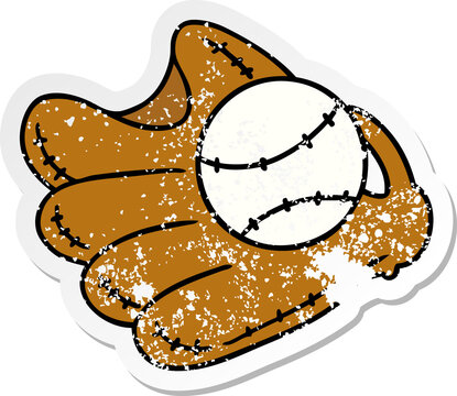 distressed sticker cartoon doodle of a baseball and glove