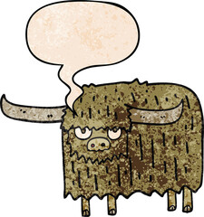 cartoon hairy cow and speech bubble in retro texture style