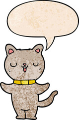 cartoon cat and speech bubble in retro texture style