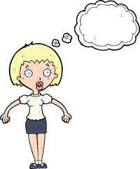 cartoon confused woman shrugging shoulders with thought bubble