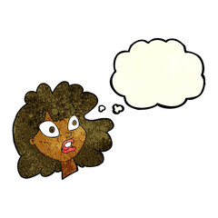 cartoon shocked female face with thought bubble