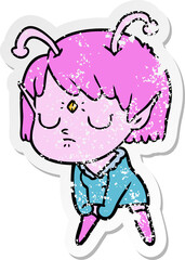 distressed sticker of a cartoon alien girl