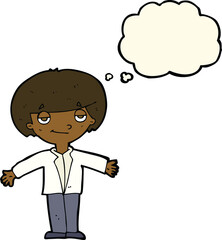 cartoon smug boy with thought bubble