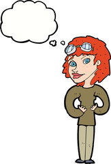 cartoon aviator woman with thought bubble