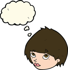 cartoon female face looking up with thought bubble
