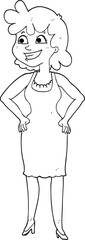 black and white cartoon happy woman wearing dress