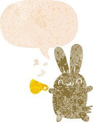 cute cartoon rabbit drinking coffee and speech bubble in retro textured style