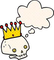 cartoon skull with crown and thought bubble in comic book style
