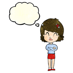 cartoon happy woman with folded arms with thought bubble