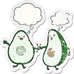 cartoon dancing avocados and thought bubble as a distressed worn sticker