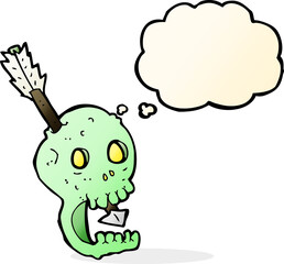 funny cartoon skull and arrow with thought bubble