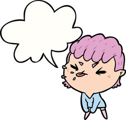 cute cartoon rude girl and speech bubble