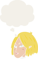 cartoon woman and thought bubble in retro style