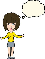 cartoon woman shrugging shoulders with thought bubble