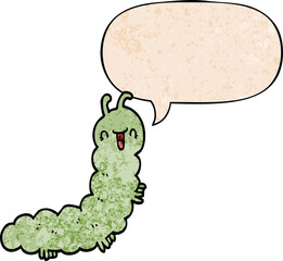 cartoon caterpillar and speech bubble in retro texture style
