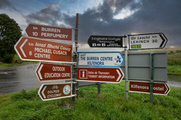 Roadsignes at countryside. Westcoast Ireland. Ring of Kerry. Sneem. The Burren.