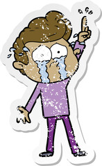 distressed sticker of a cartoon crying man trying to ask a question