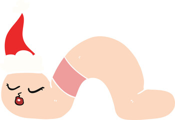 flat color illustration of a worm wearing santa hat
