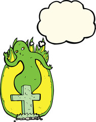 cartoon ghost rising from grave with thought bubble