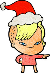 cute textured cartoon of a girl with hipster haircut wearing santa hat