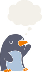 cartoon penguin and thought bubble in retro style