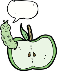 cartoon apple with bug with speech bubble