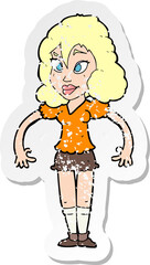 retro distressed sticker of a cartoon pretty woman