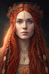 Naklejka na ściany i meble young woman with long red hair and freckles, braided pigtails, viking woman