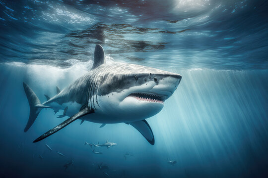 a great white shark swimming in the ocean, a photorealistic, generative AI