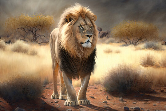 a lion standing in the middle of the savannah, photorealism, generative AI