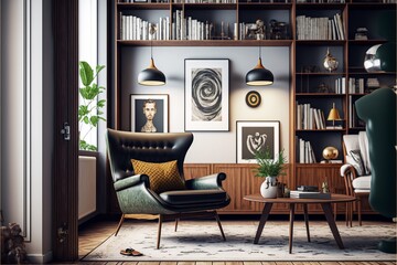 Unleash Modern Elegance: Stylish Living Room Interior featuring a Design Leather Armchair in a Wide Cross-Angle and Exquisite Carpet Decor.