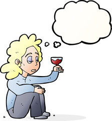 cartoon unhappy woman with glass of wine with thought bubble
