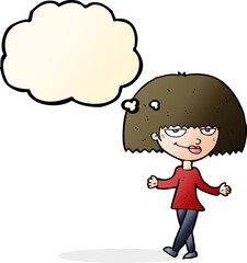 cartoon smug looking woman with thought bubble