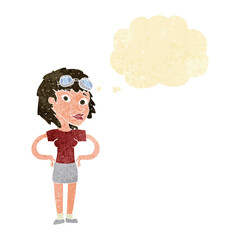 cartoon retro pilot woman with thought bubble