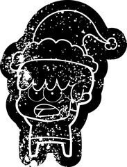worried cartoon distressed icon of a boy wearing santa hat