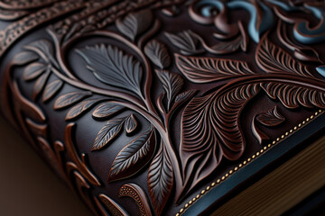 brown leather cover of an old book, in plant optics