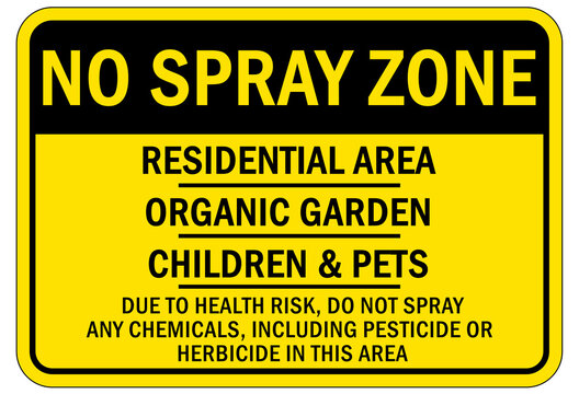 Pesticide chemical hazard sign and labels resident area, organic garden, children and pets. Due to health risk, do not spray any chemicals, including pesticide or herbicide in this area