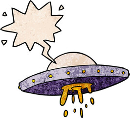 cartoon flying UFO and speech bubble in retro texture style
